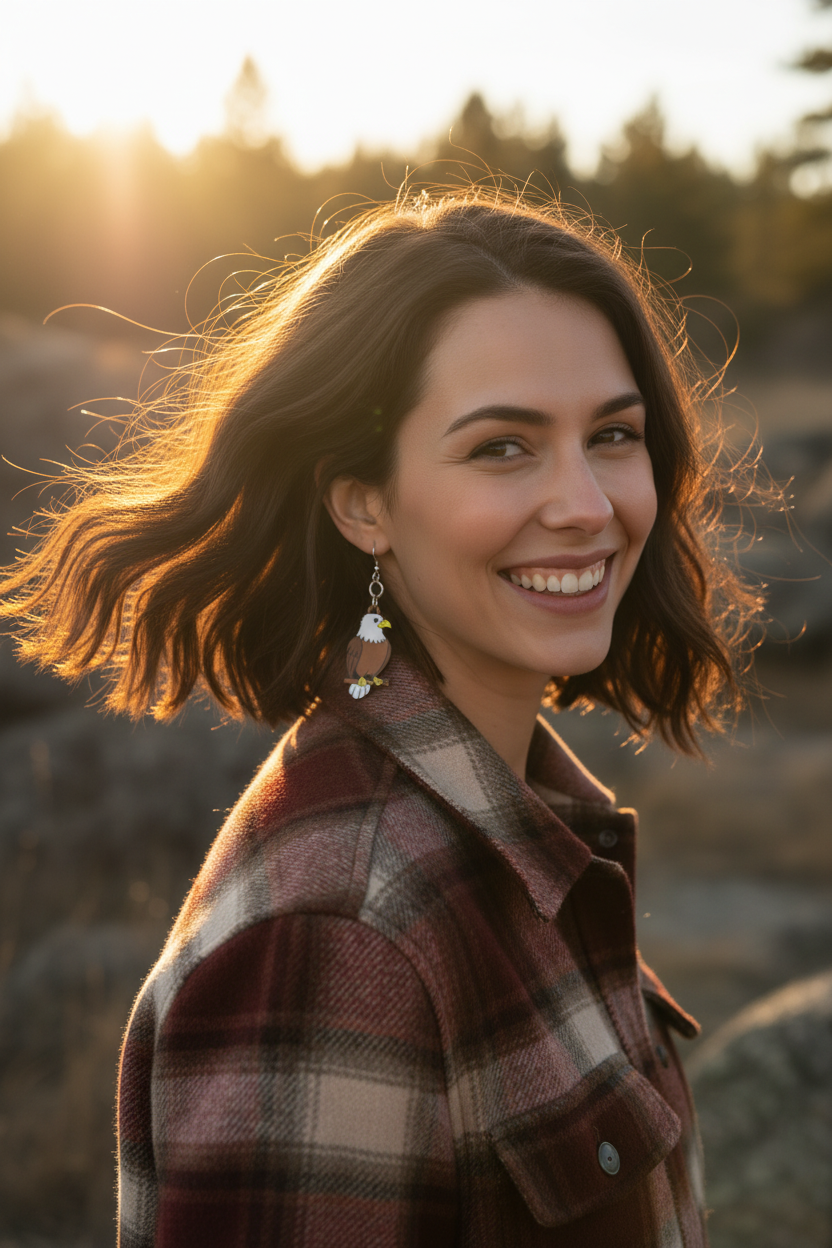 Bald Eagle Earrings - Smiling Active Model Outdoors