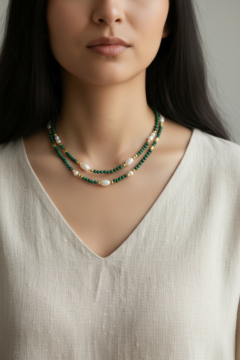 Black-Haired Model Wearing Shorter Malachite Pearl Necklace