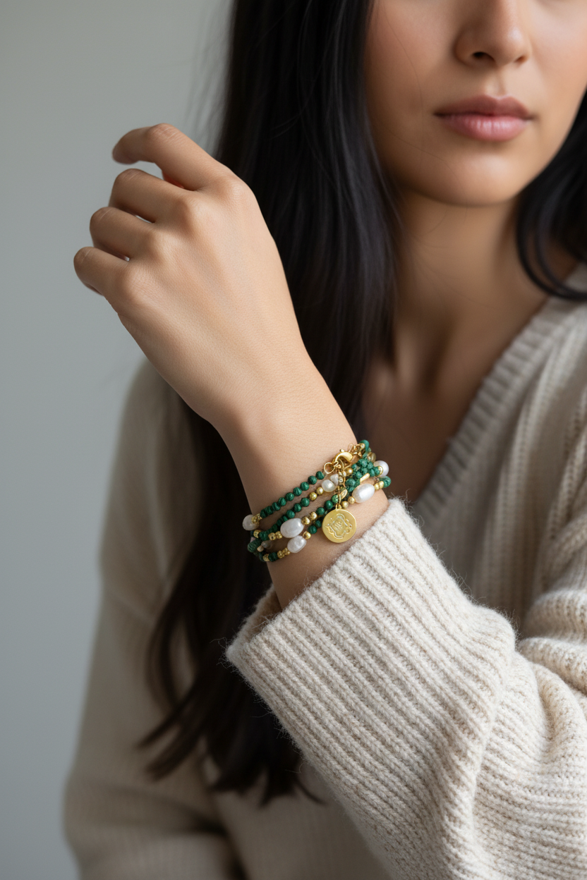 Black-Haired Model with Malachite Pearl Jewelry