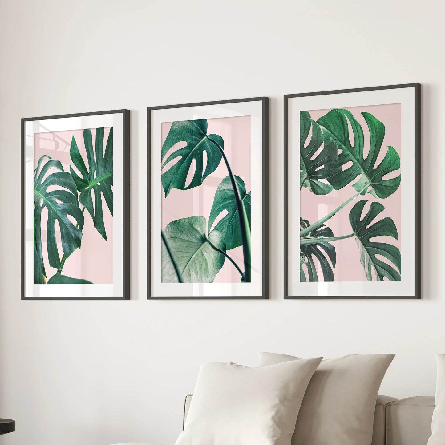 Botanical Wall Art Set of 3 | Pink & Green Monstera Leaf Prints