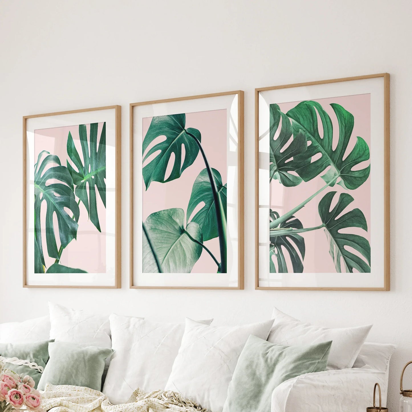 Botanical Wall Art Set of 3 | Pink & Green Monstera Leaf Prints