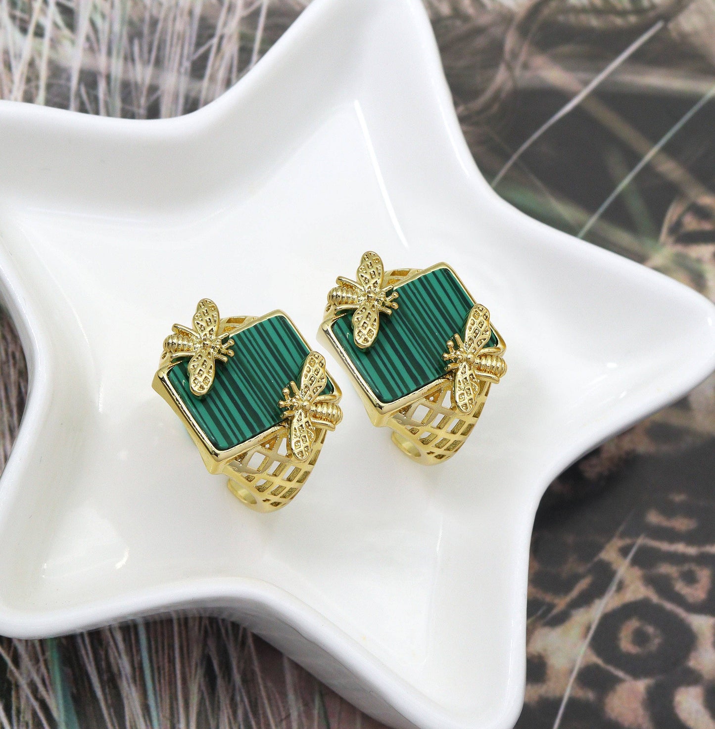 Gold Bee Malachite Rectangle Ring | 14k Gold-Filled Statement Ring