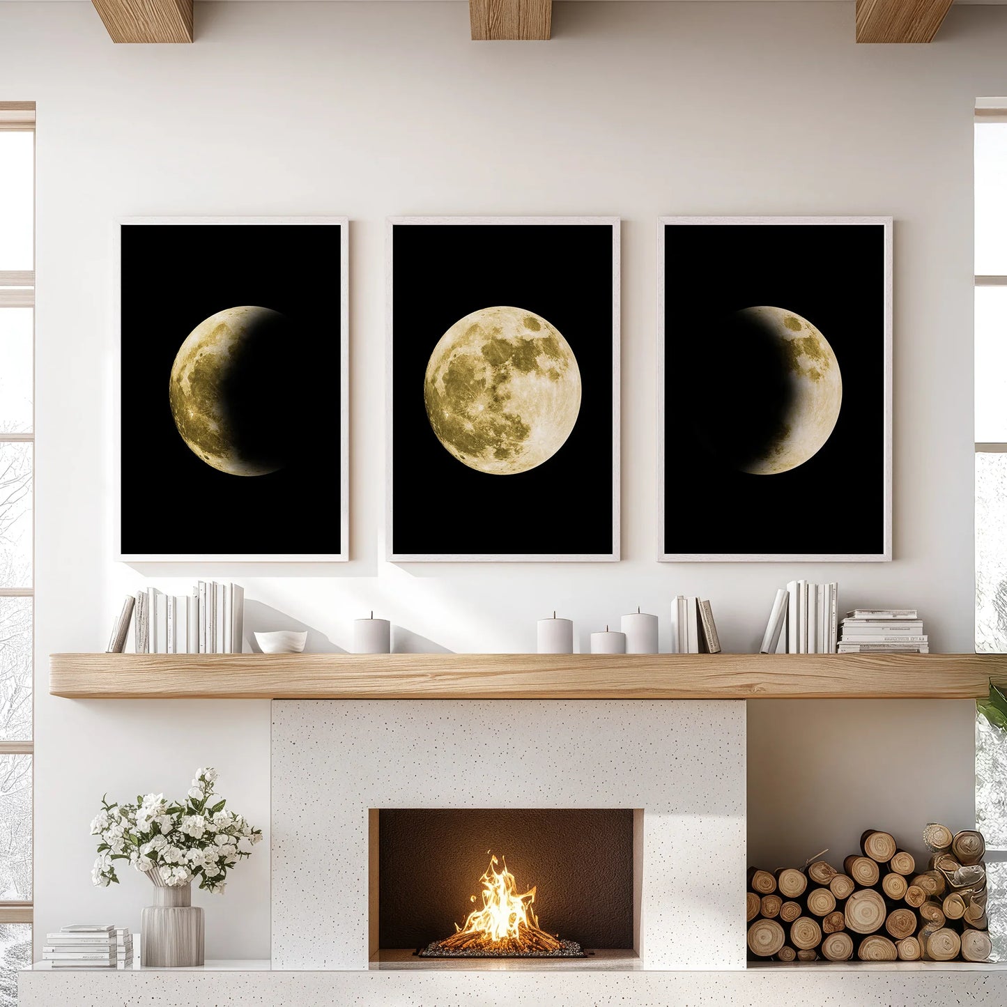 Celestial Moon Wall Art Set of 3 | Gold Moon Phases & Night Sky Prints