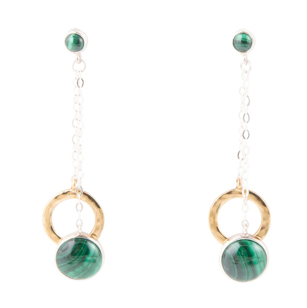 Malachite & Two-Tone Sterling Silver and Bronze Circle Dangle Earrings