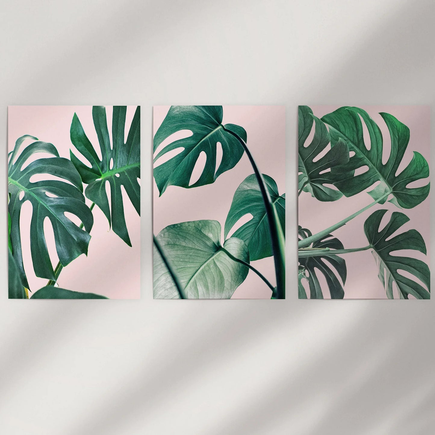 Botanical Wall Art Set of 3 | Pink & Green Monstera Leaf Prints
