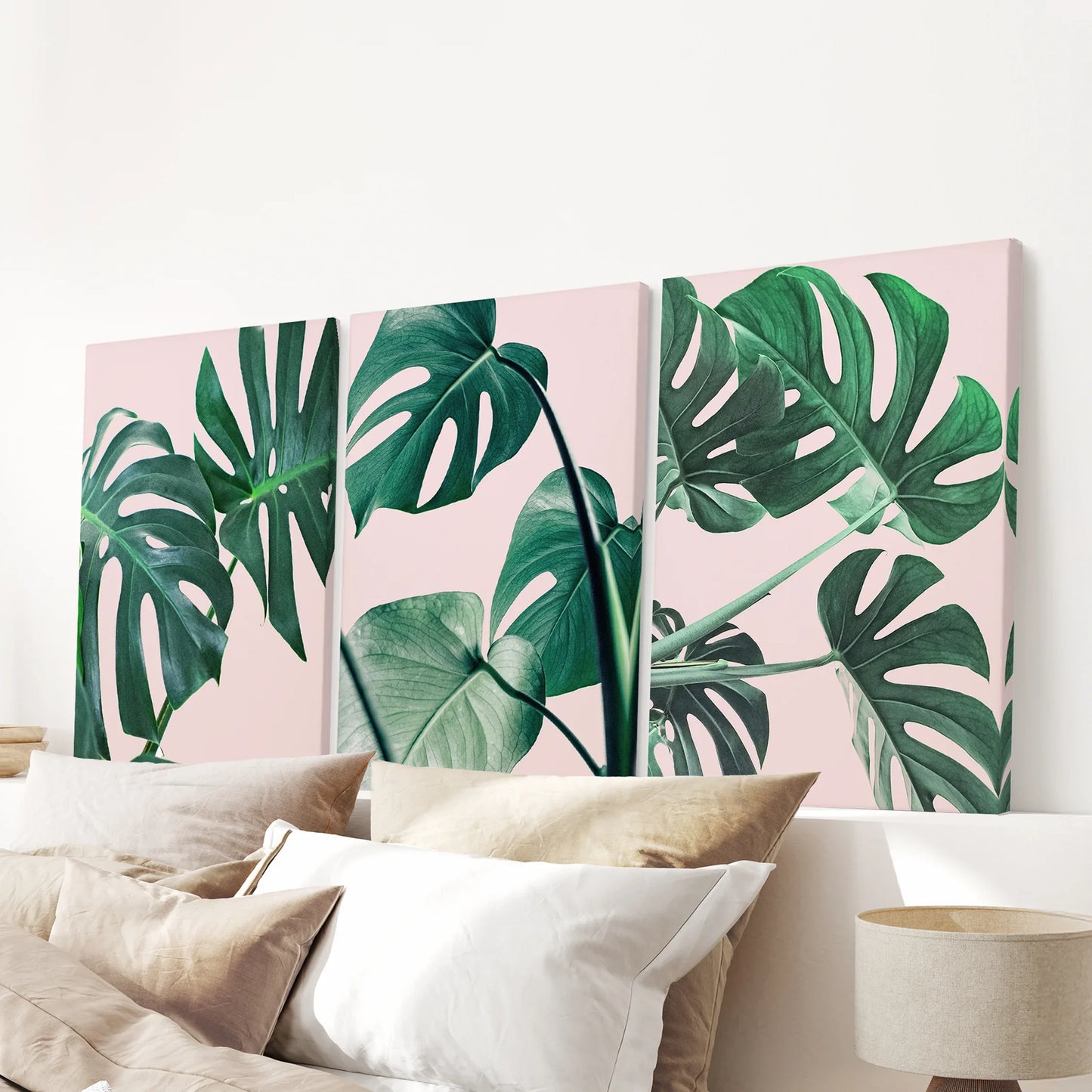 Botanical Wall Art Set of 3 | Pink & Green Monstera Leaf Prints