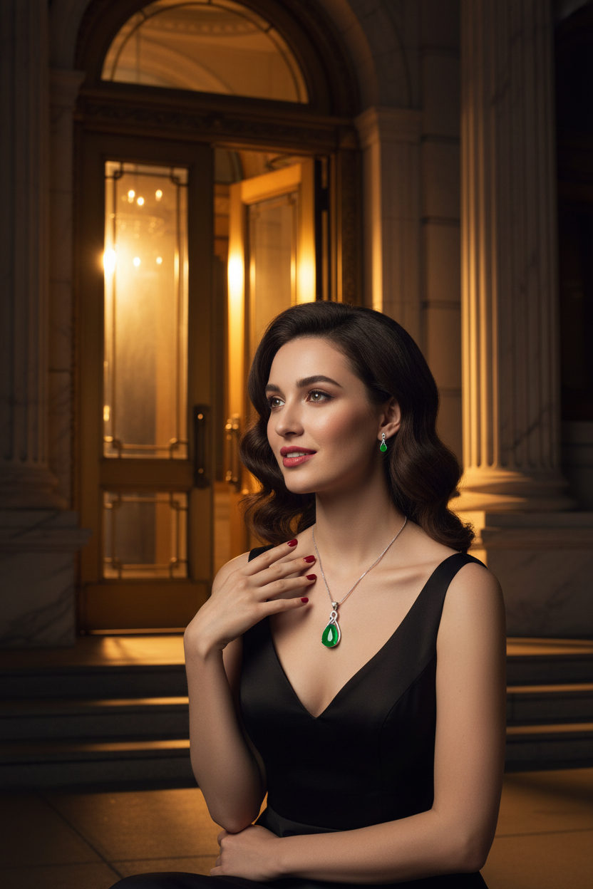 Elegant Model Exiting Glamorous Building with Small Emerald Heart Pendant
