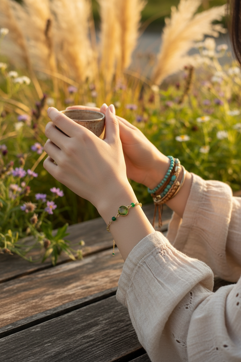 Female model wearing Ballet Bracelet in boho setting