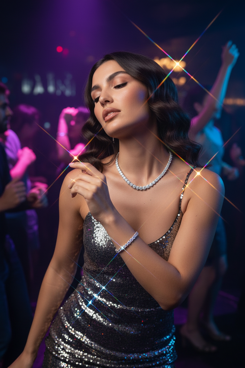 Glamorous Woman at Dance Club with VVS Moissanite Tennis Jewelry