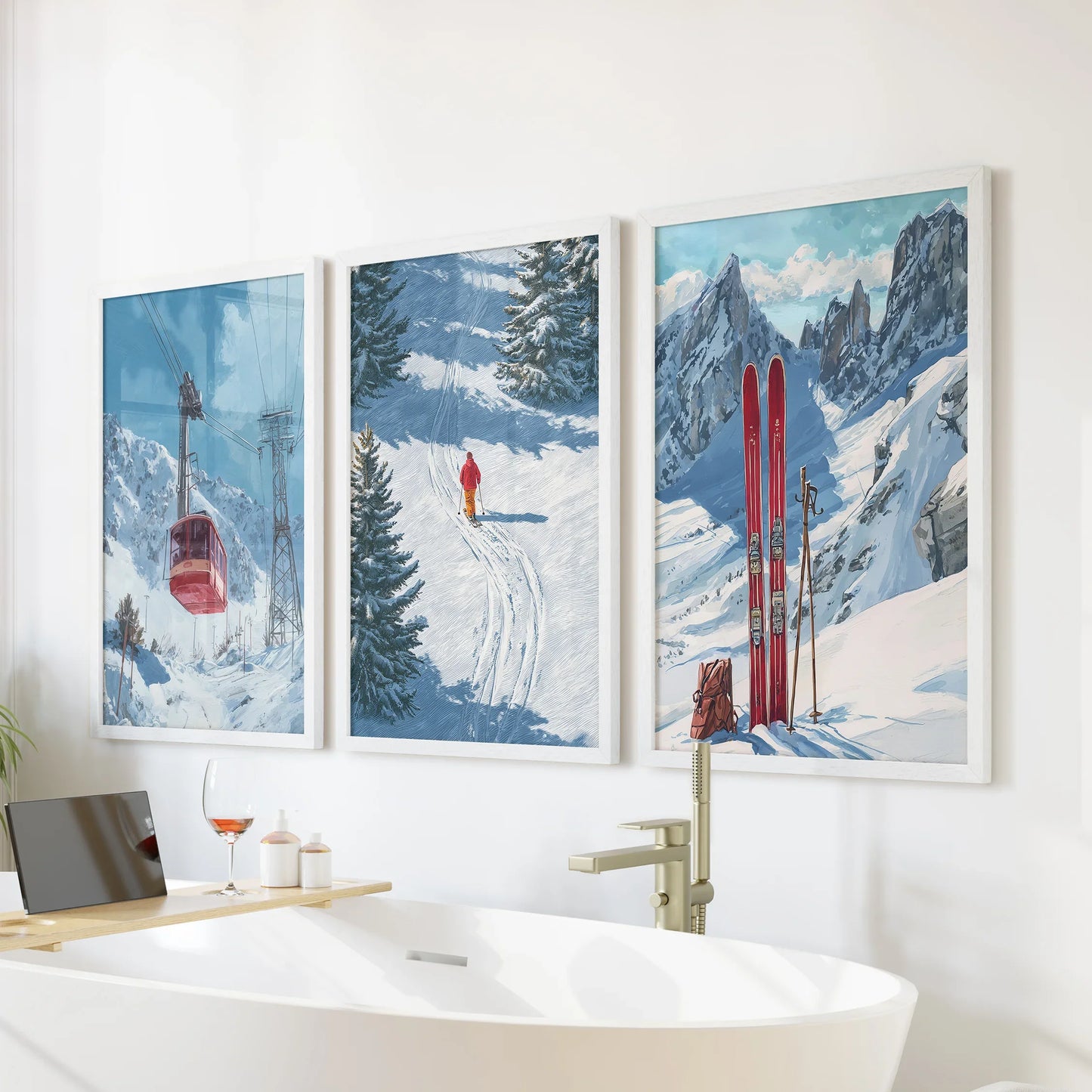 Ski Lodge Wall Art Set of 3 | Mountain, Gondola & Winter Skier Prints