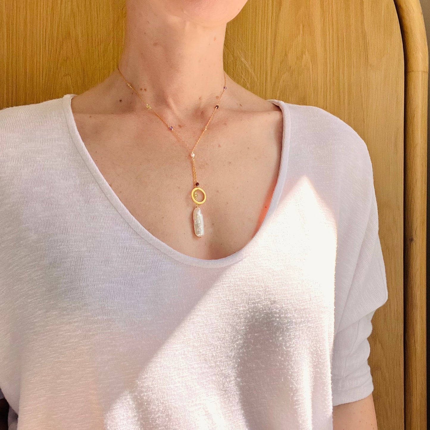 Freshwater Stick Pearl Ballet Necklace | Rainbow Gemstones | 14k Gold-Plated