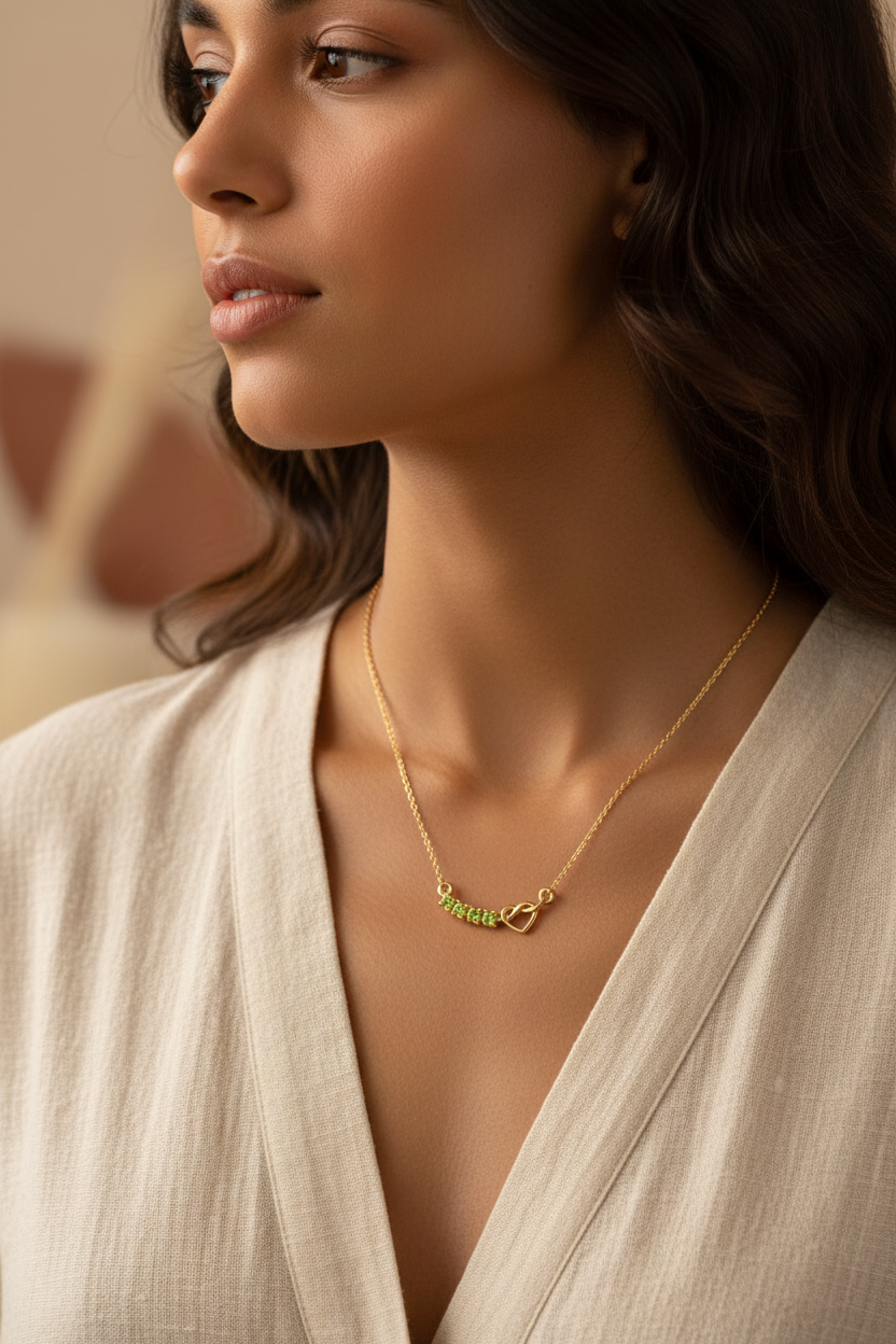 Model wearing genuine peridot heart necklace in 18K gold plated sterling silver
