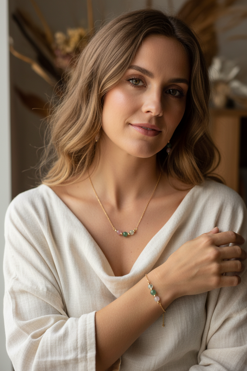 Model wearing LEAD WITH LOVE Kunzite, Green Aventurine and Prehnite jewelry set