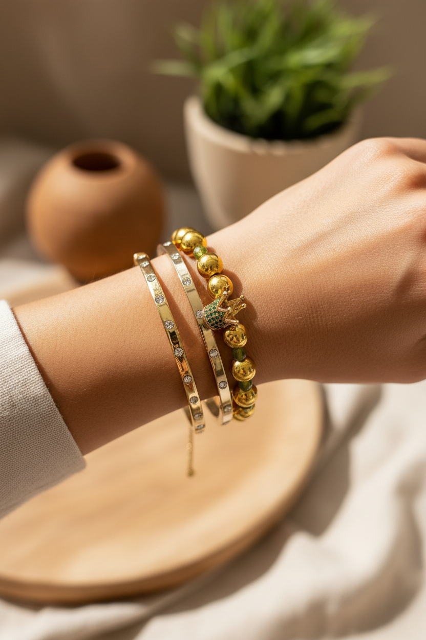 Model wearing peridot crown bracelet set with Swarovski crystals in 18K gold plated finish