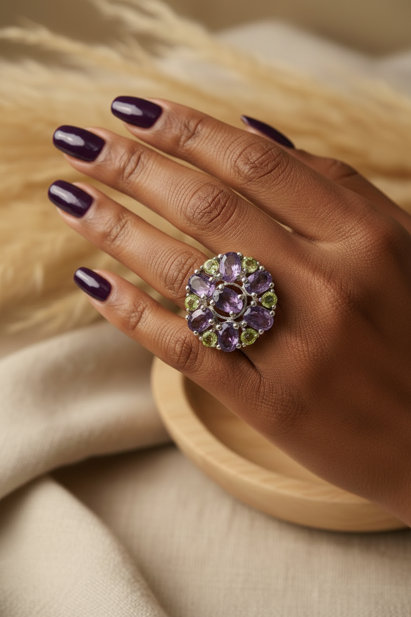 Latina model with purple manicure wearing genuine amethyst and peridot cluster ring in rhodium-plated sterling silver