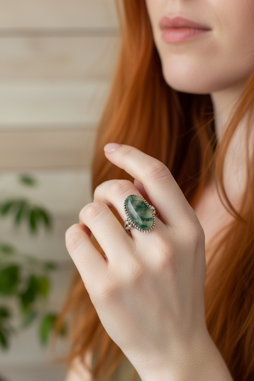 Red-haired woman wearing a sterling silver fan banded oval moss agate ring