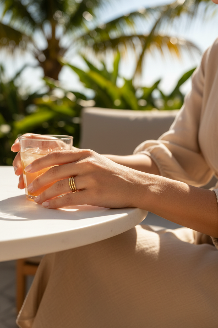 Woman wearing 14k gold filled stackable twist ring with casual tropical background