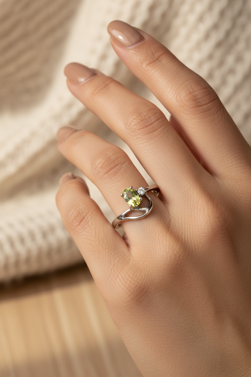 Model wearing genuine peridot and diamond fashion ring in 10KT white gold