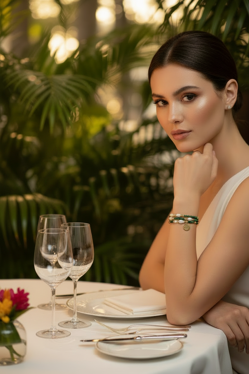 Model wearing malachite and pearl bracelet in tropical fine dining restaurant