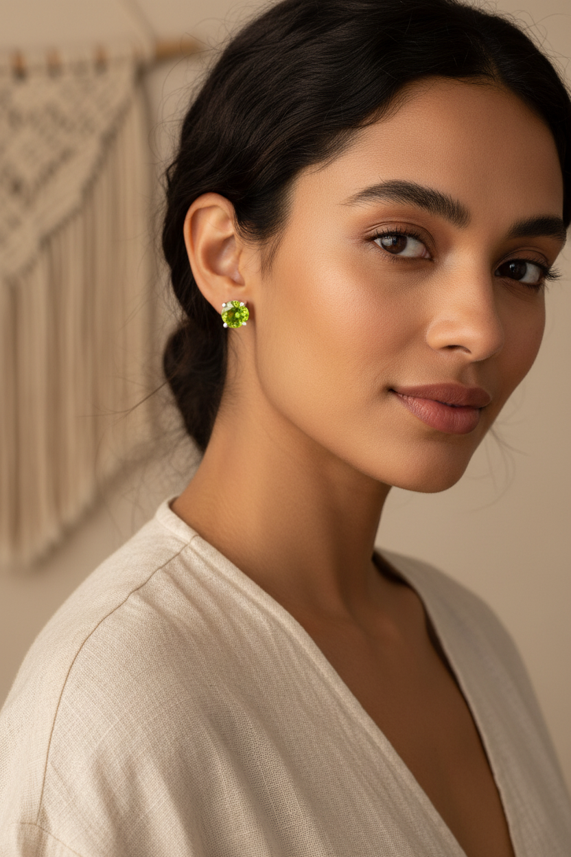Model wearing natural peridot round cut stud earrings in .925 sterling silver