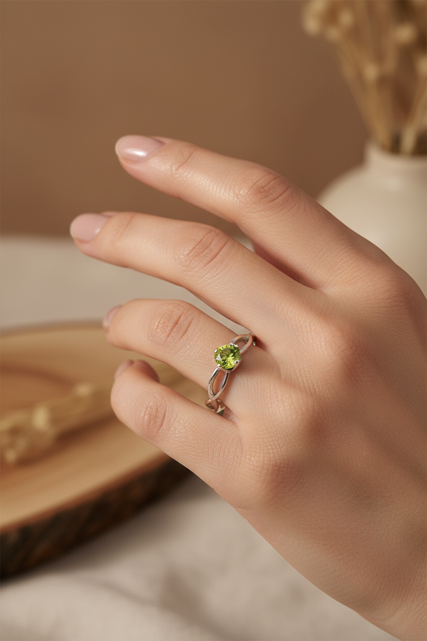 Model wearing natural peridot solitaire ring in .925 sterling silver