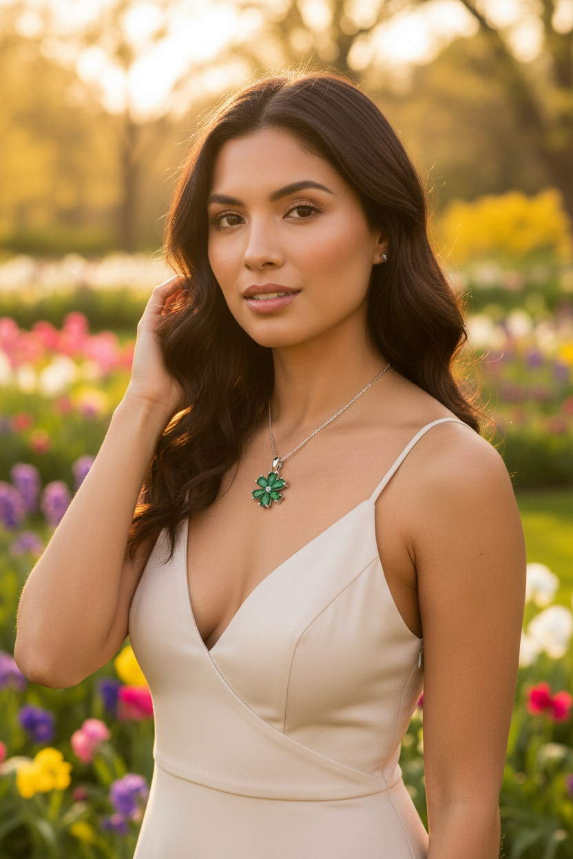 Latin woman wearing emerald and diamond pendant necklace in a spring garden setting