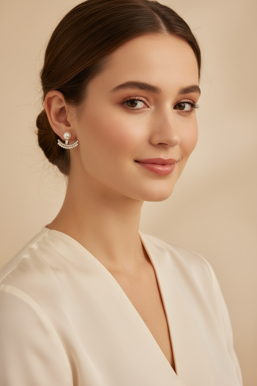 Model wearing pearl jacket earrings