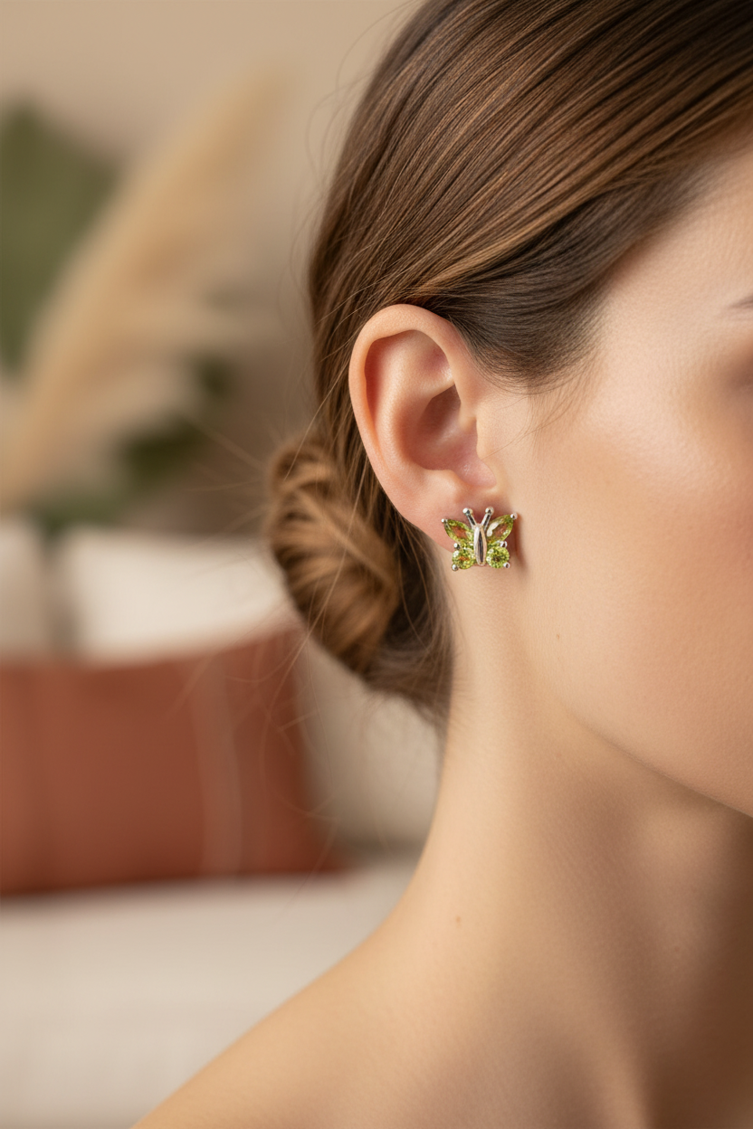 Model wearing genuine peridot butterfly stud earrings in rhodium-plated sterling silver