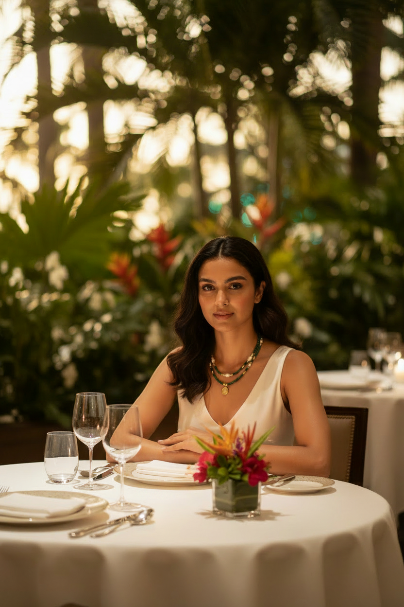 Model wearing malachite and pearl necklace in tropical fine dining restaurant