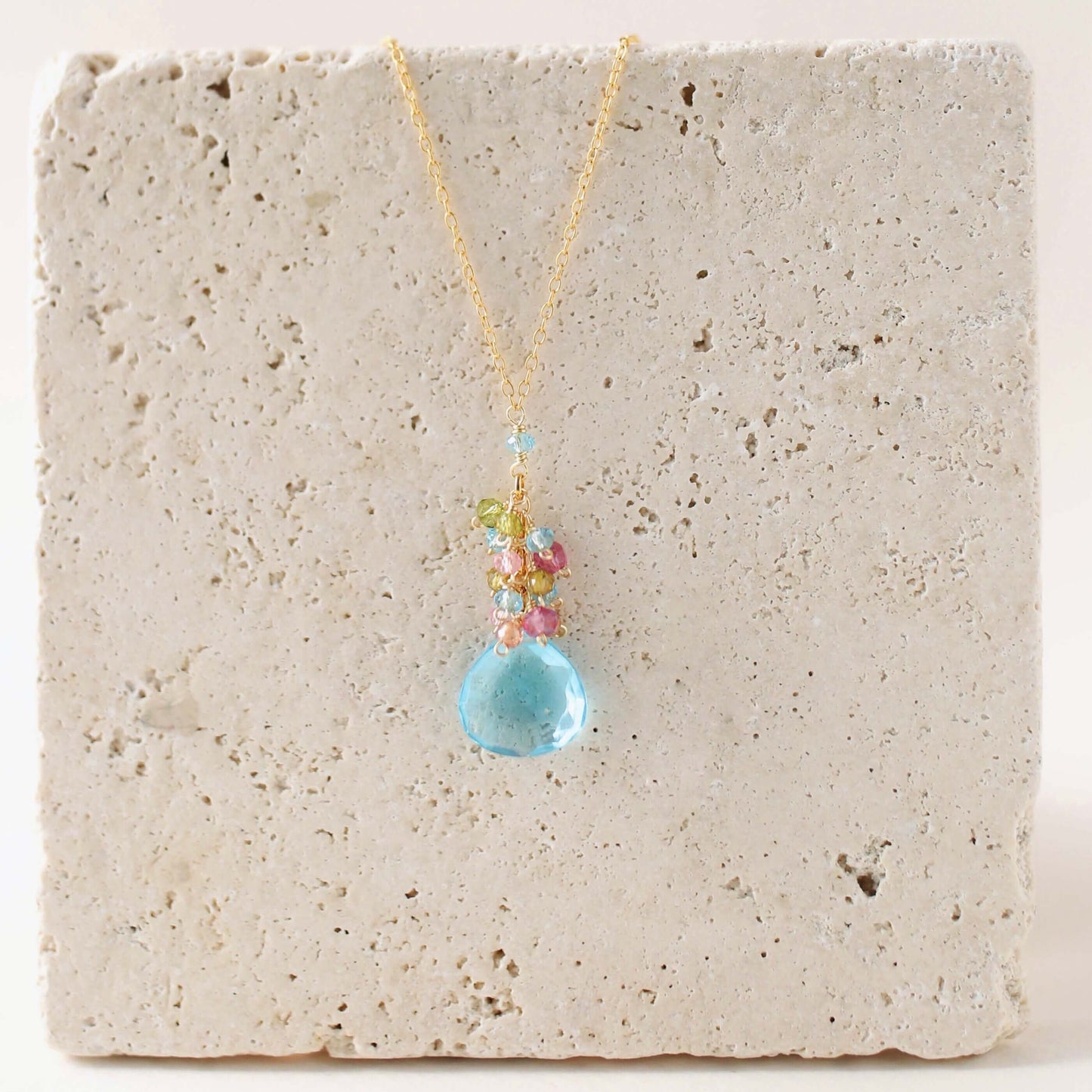 Aquamarine Quartz Raindrop Cluster Necklace