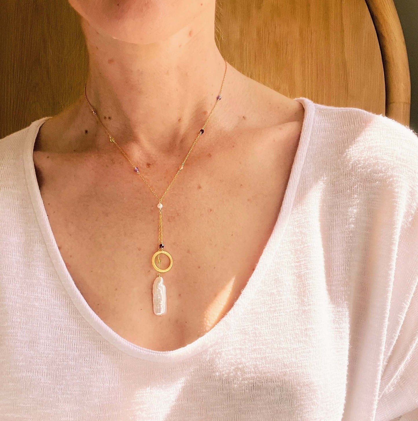 Freshwater Stick Pearl Ballet Necklace | Rainbow Gemstones | 14k Gold-Plated