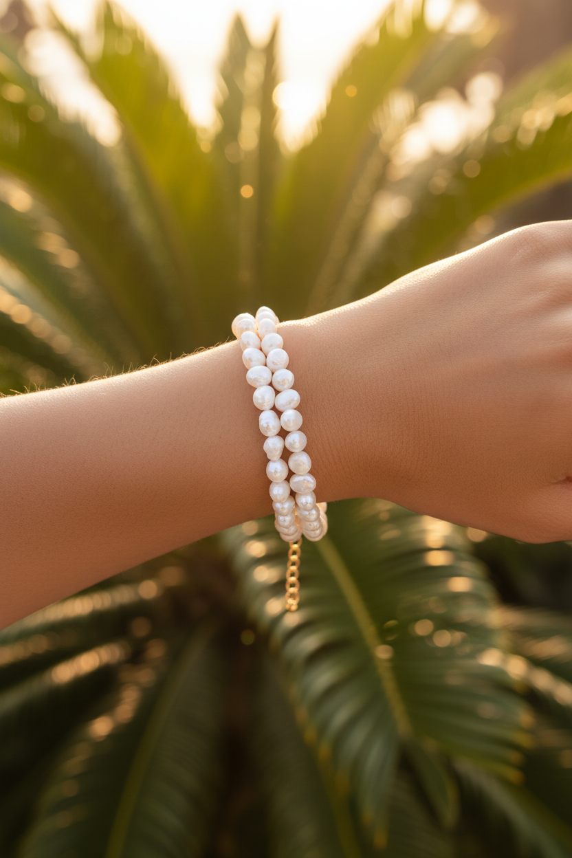 Model wearing double layer baroque freshwater pearl bracelet in a tropical setting
