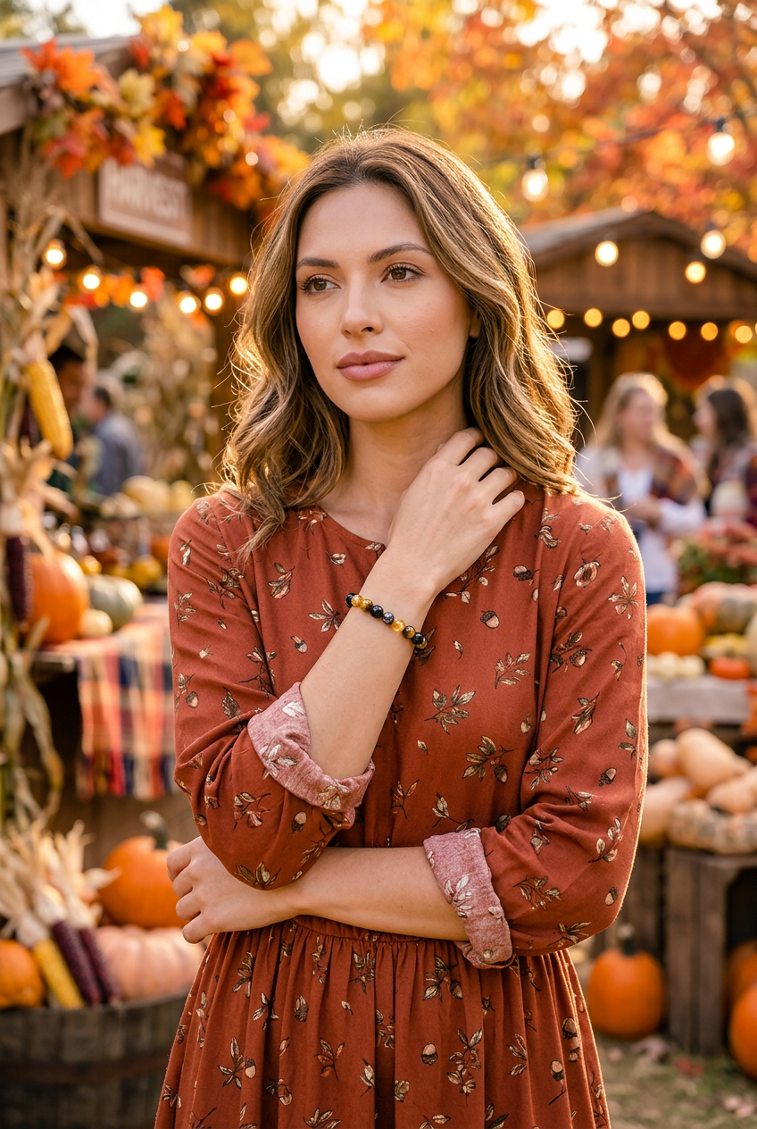 Model wearing the Quadruple Protection Bracelet with a rust botanical-print fall dress at an outdoor autumn festival.