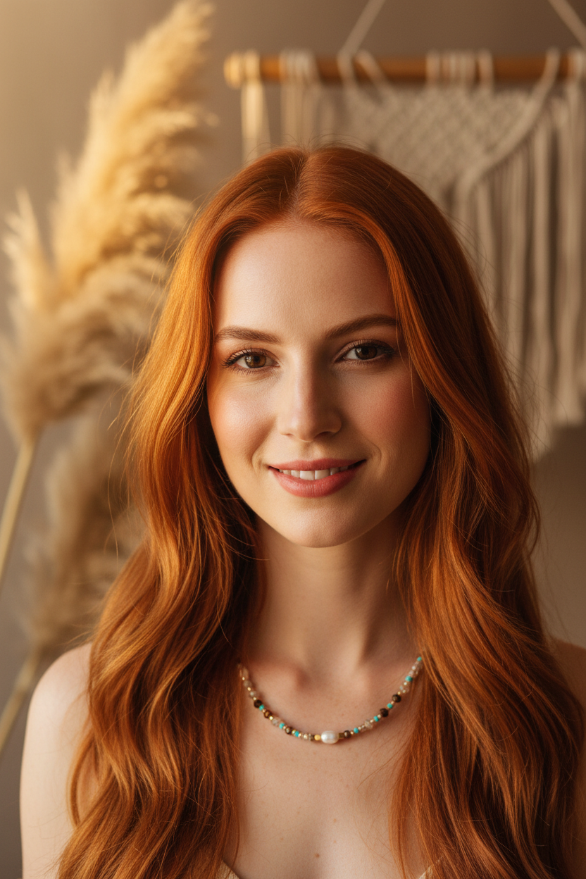 Redhead model wearing turquoise tiger eye pearl irregular bead necklace with boho background