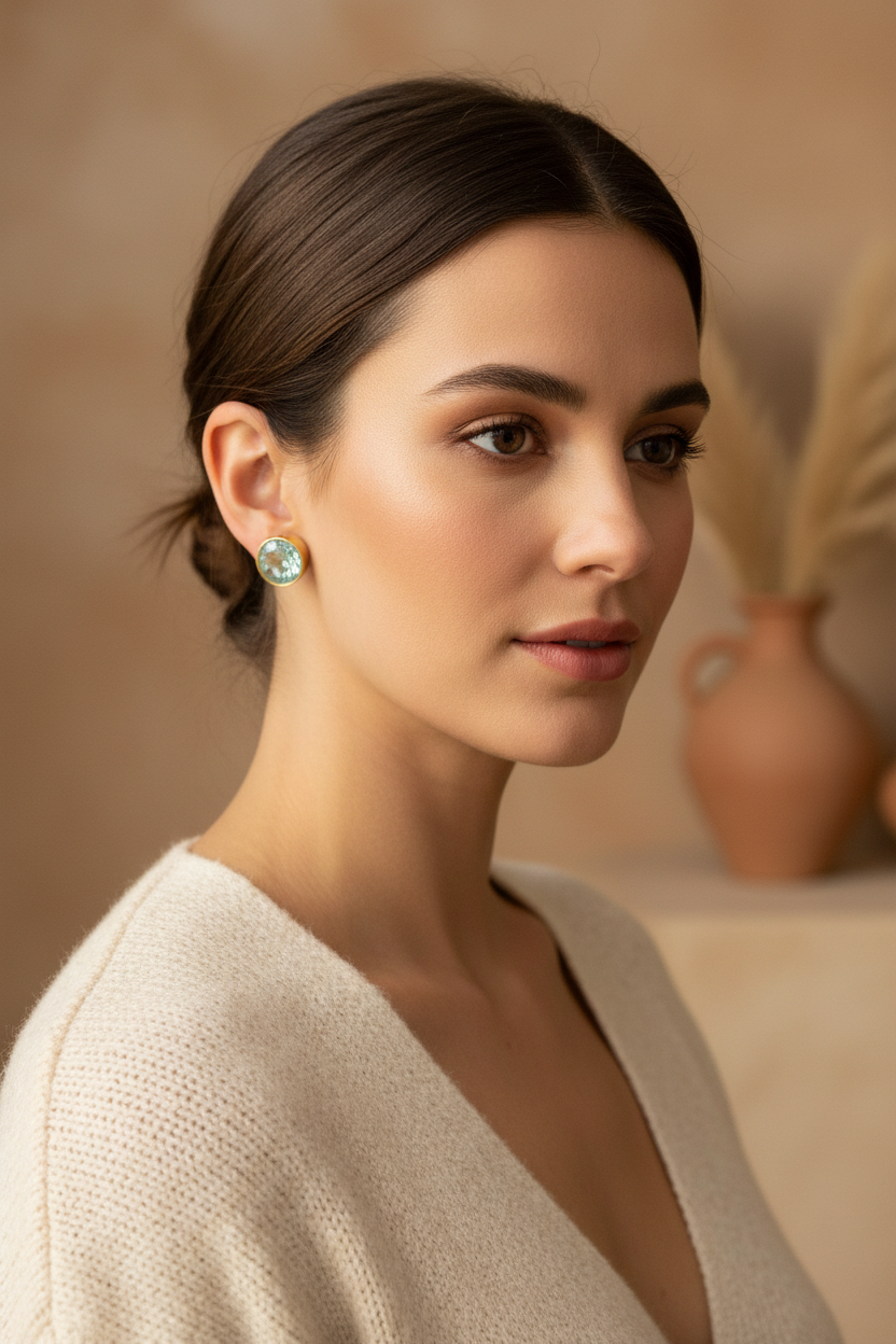 Model wearing aquamarine 8mm round stud earrings in gold bezel setting