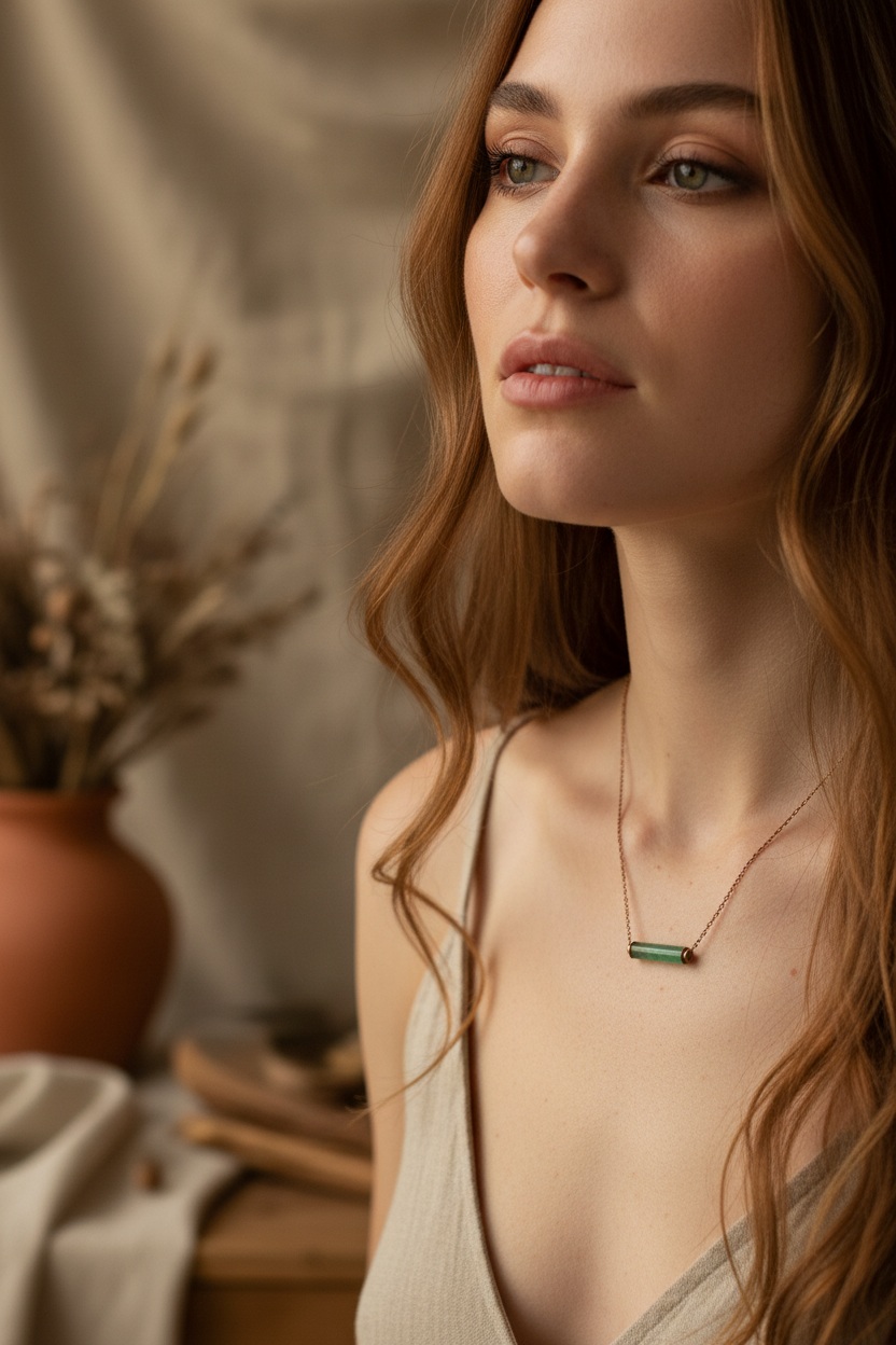 Woman wearing dainty green aventurine bar necklace in bronze