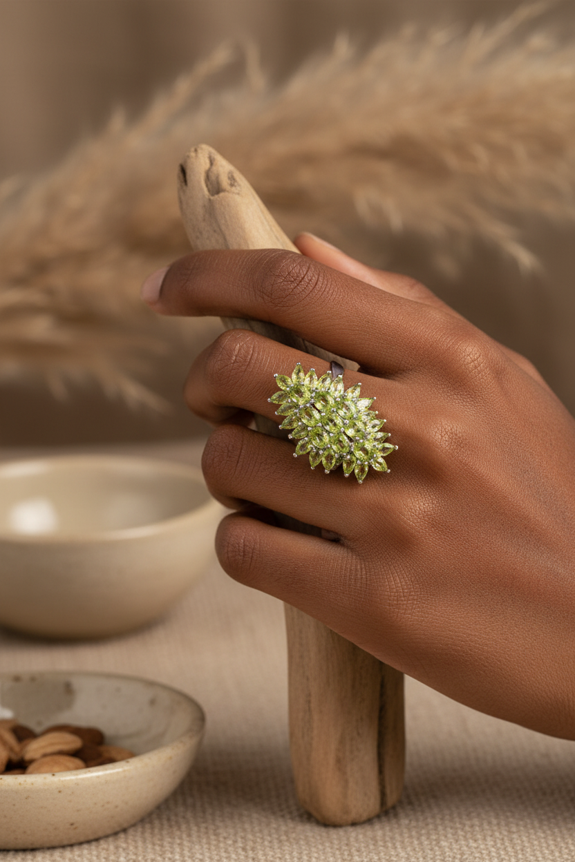 Model wearing genuine peridot floral ring in rhodium-plated sterling silver