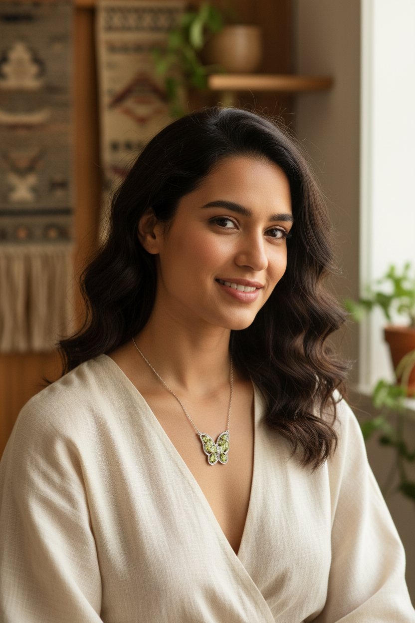 Model wearing genuine peridot butterfly necklace in rhodium-plated sterling silver
