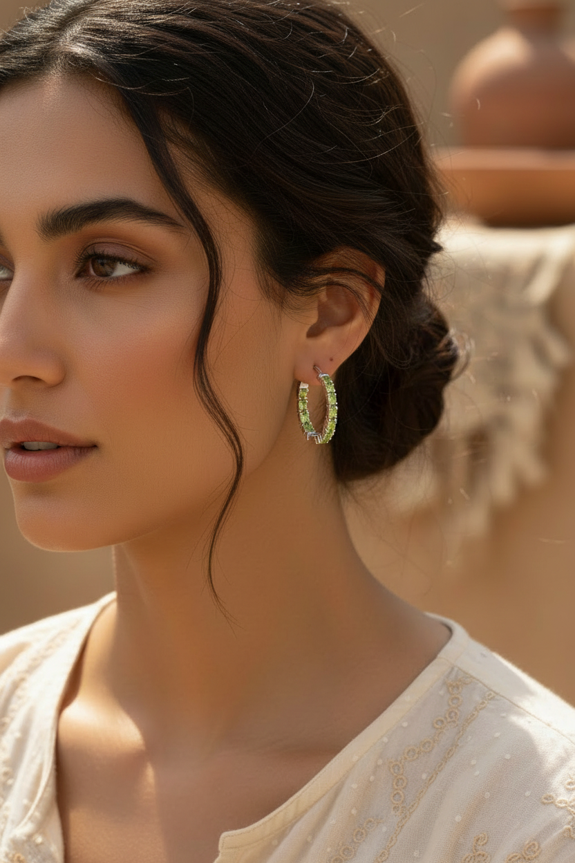 Model wearing genuine peridot hoop earrings in rhodium-plated sterling silver, clip-on style