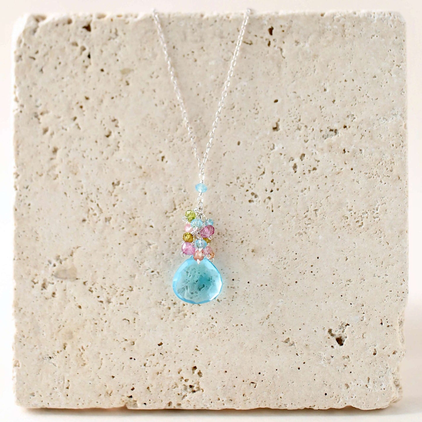 Aquamarine Quartz Raindrop Cluster Necklace