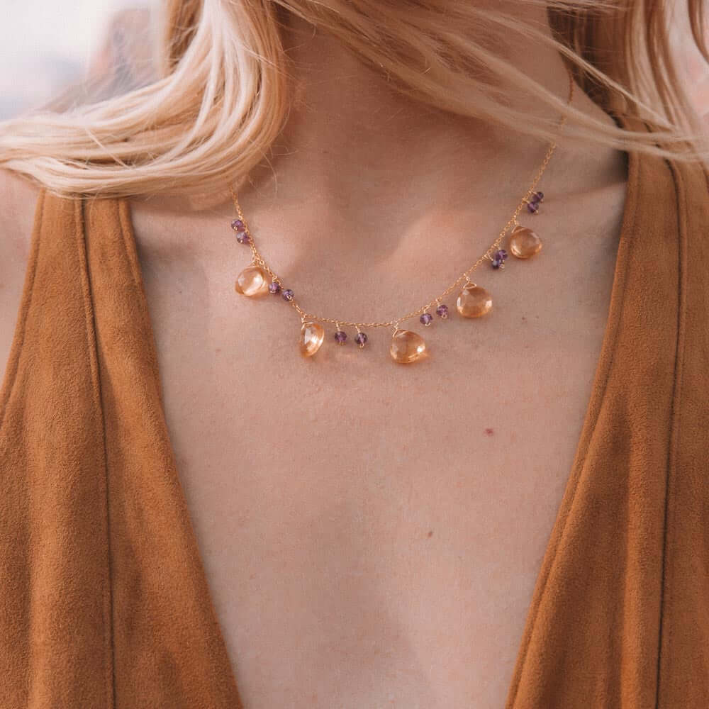 Citrine Sparkler Necklace | Gemstone Station Necklace in Gold