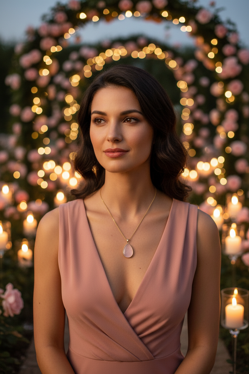 Model wearing a rose quartz teardrop pendant necklace in a romantic candlelit rose garden
