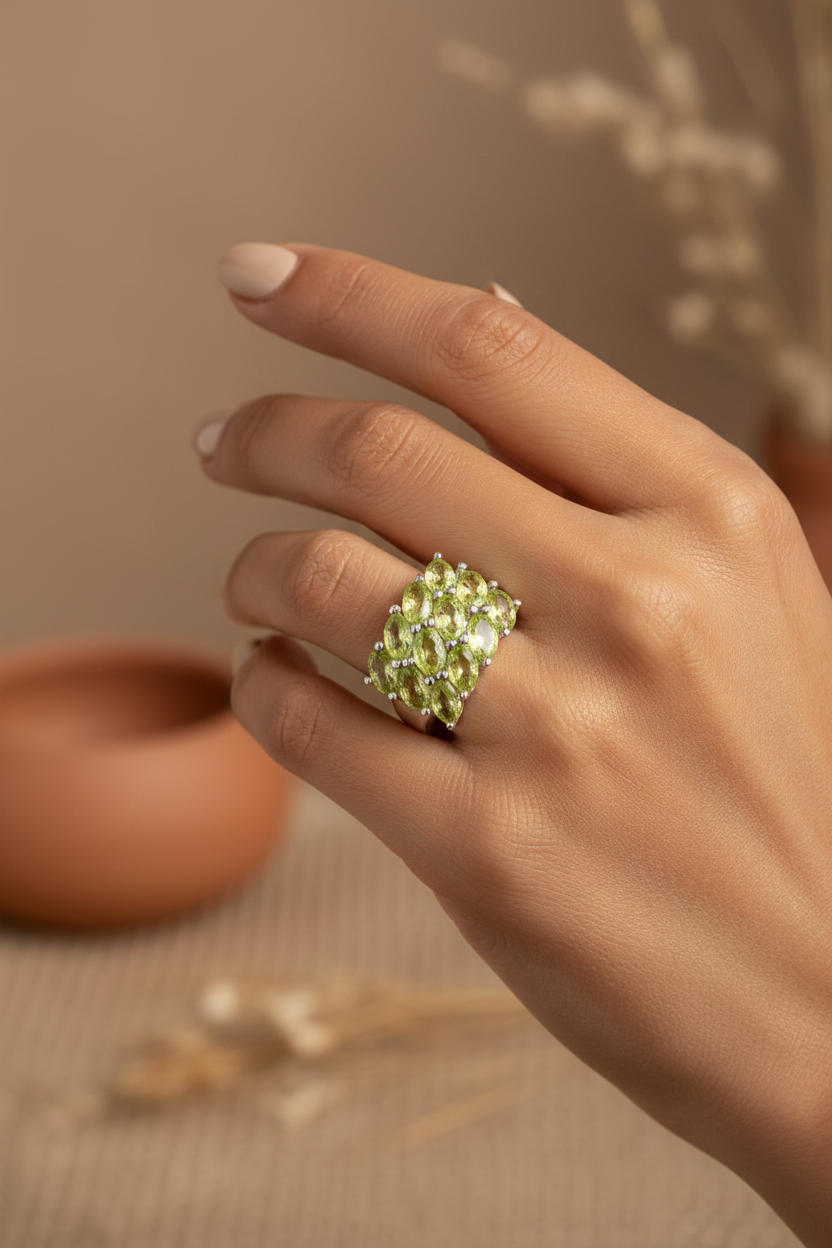 Latina model wearing genuine peridot cluster ring in rhodium-plated sterling silver
