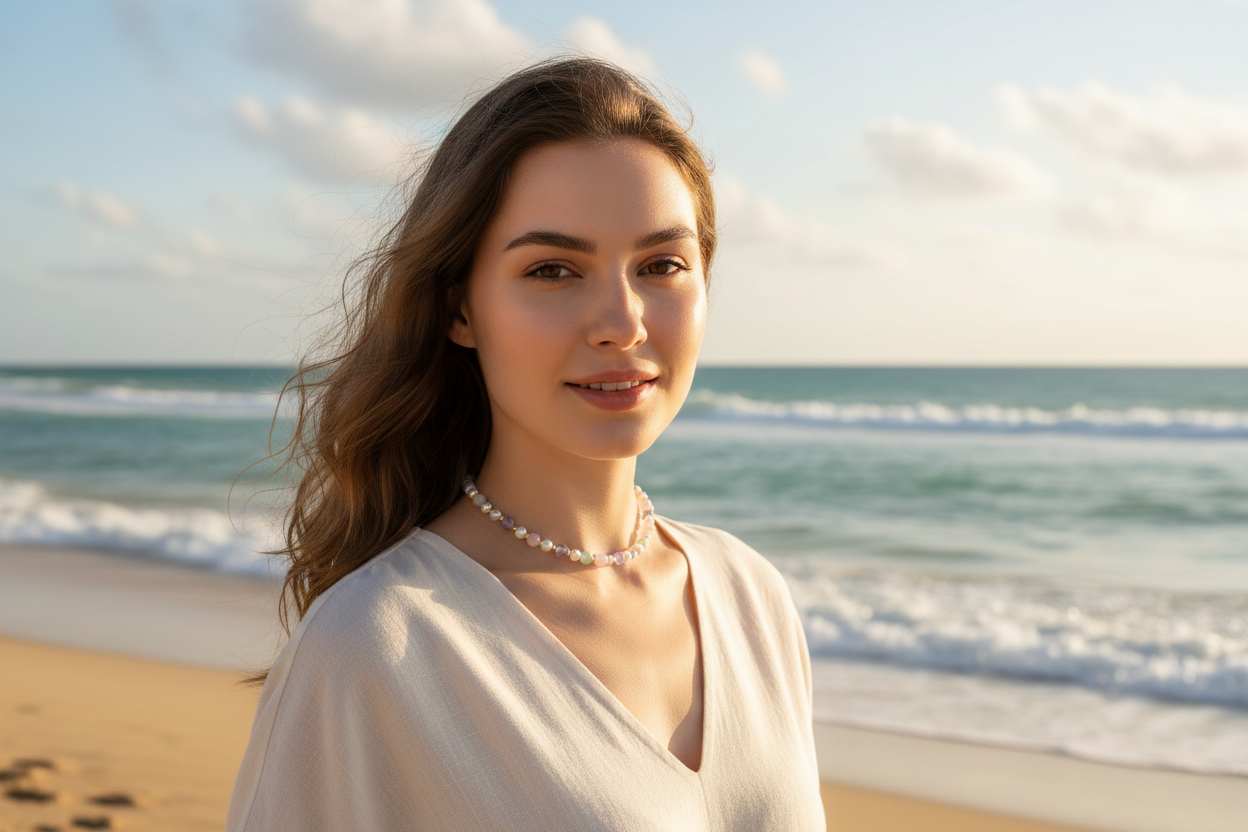 Young woman wearing pastel beaded choker necklace on a sunny beach