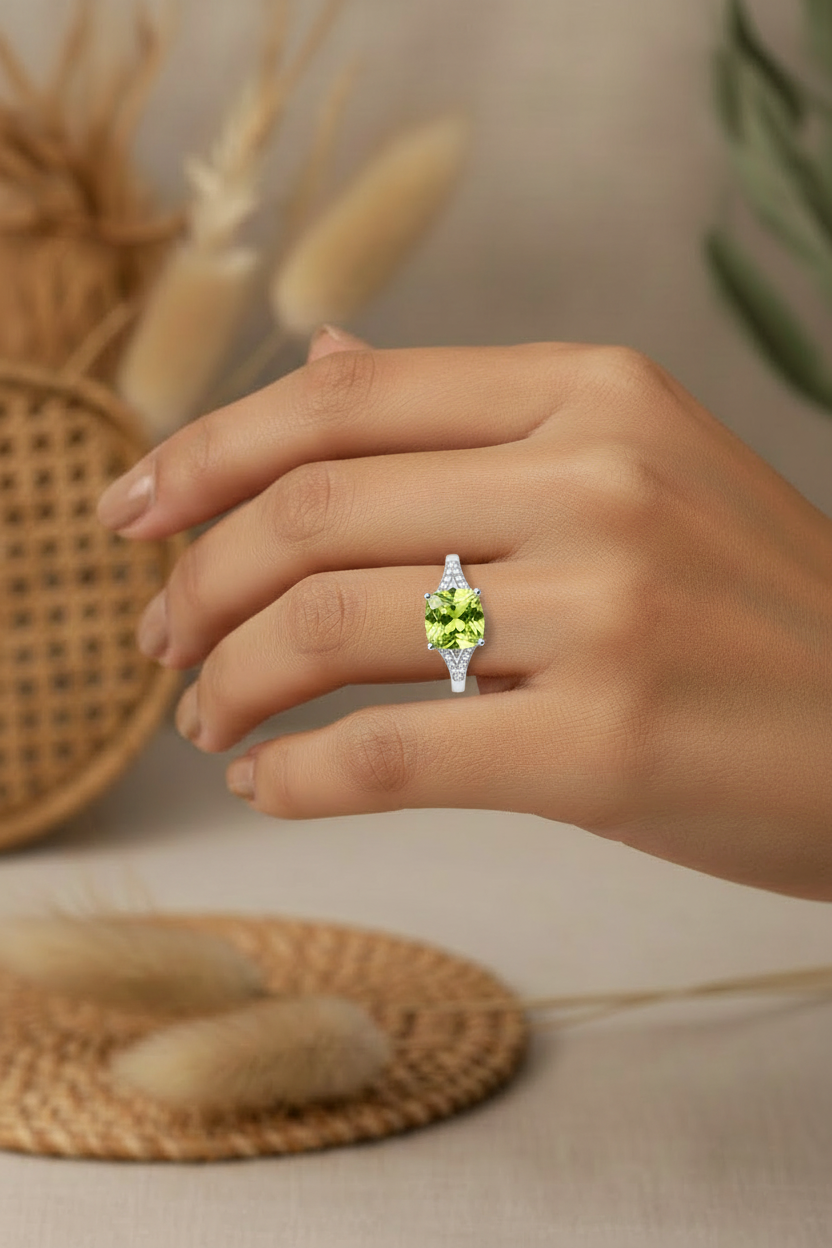 Latina model wearing genuine peridot and white zircon solitaire halo ring in rhodium-plated sterling silver