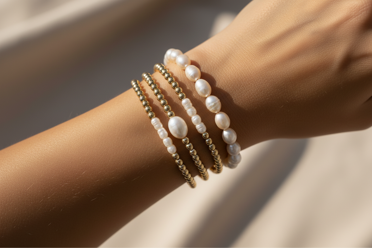 Three stacked gold and pearl bracelets worn on tan model arm