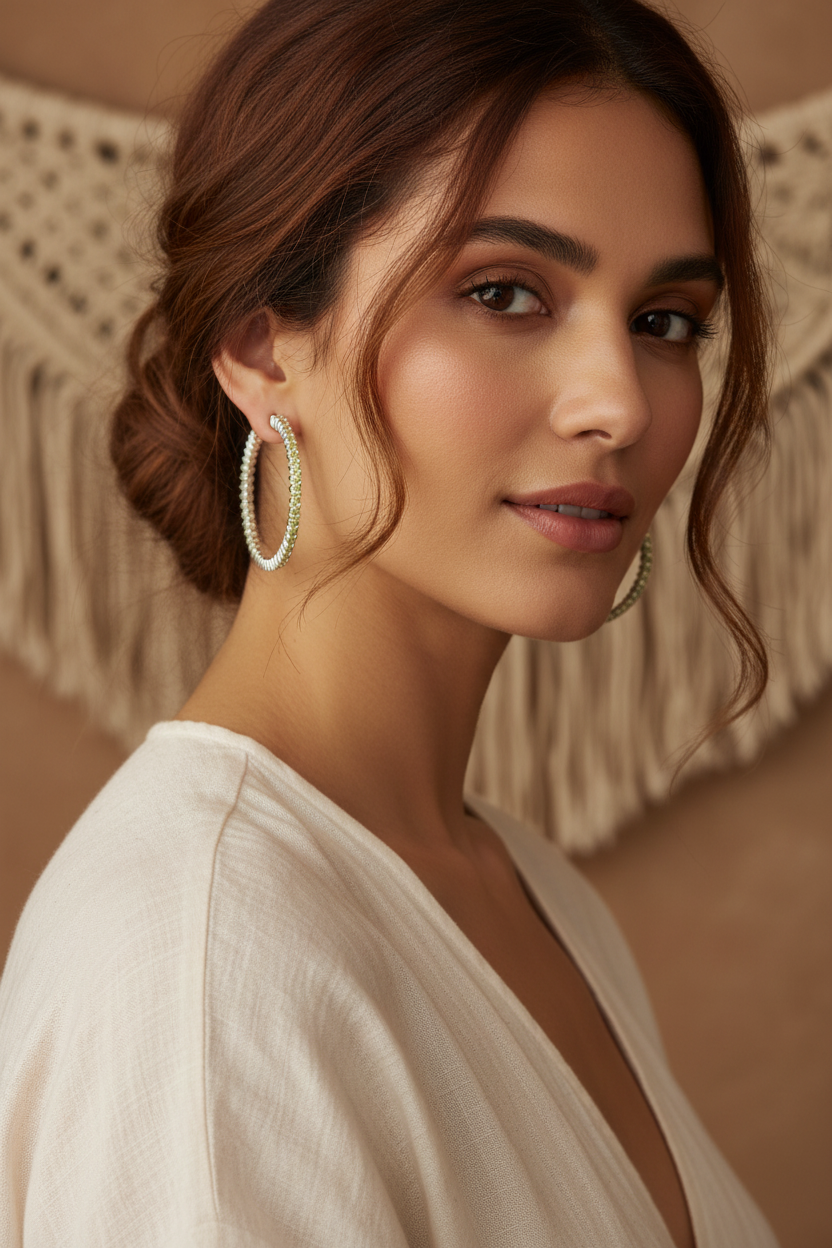 Model wearing genuine peridot dangle earrings in rhodium-plated sterling silver
