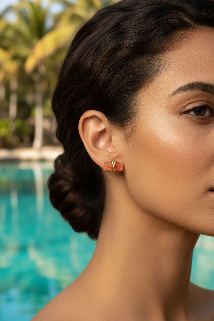 Latin model wearing sunstone baguette stud earrings with gold crisscross wrap, oasis background