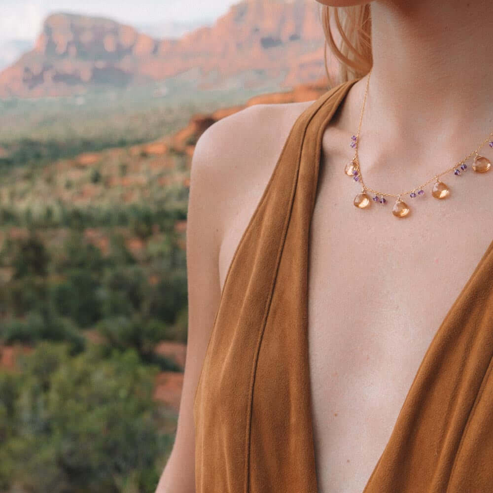 Citrine Sparkler Necklace | Gemstone Station Necklace in Gold