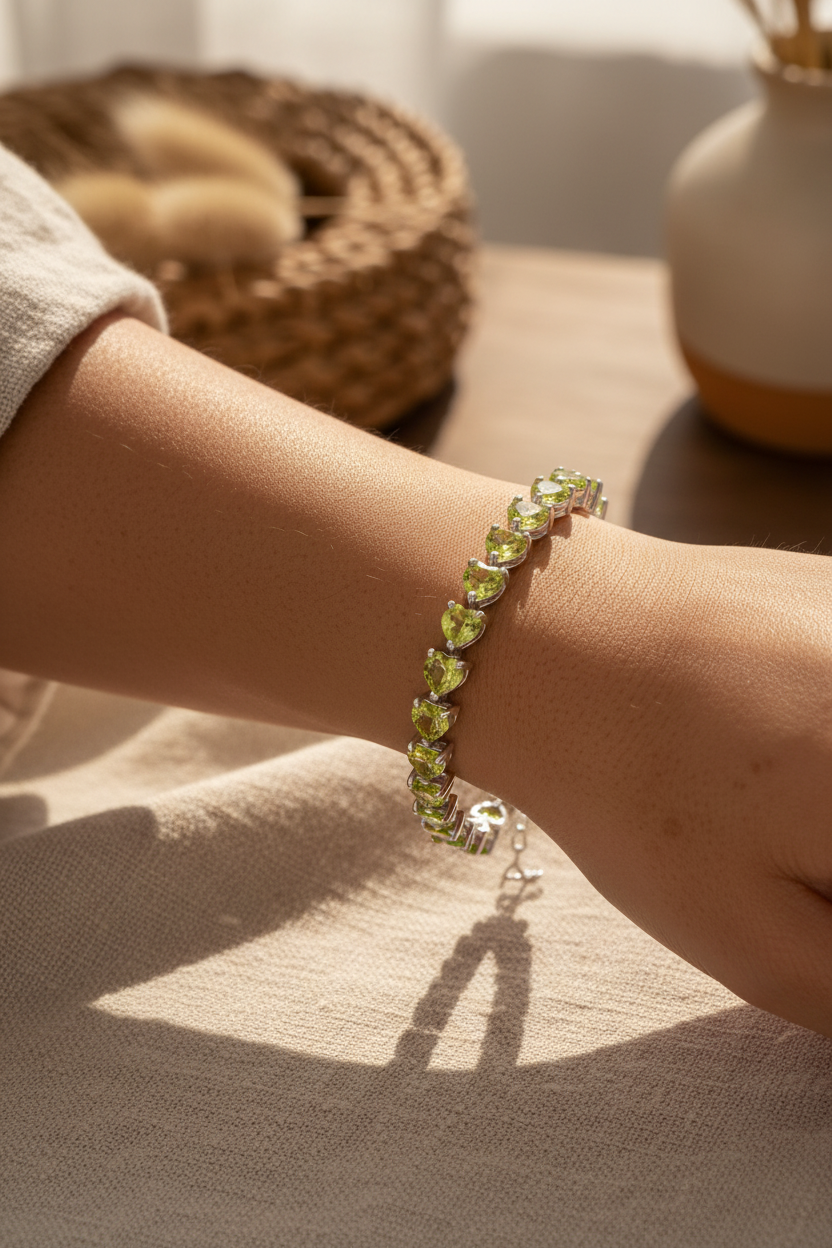 Model wearing genuine peridot heart tennis bracelet in rhodium-plated sterling silver